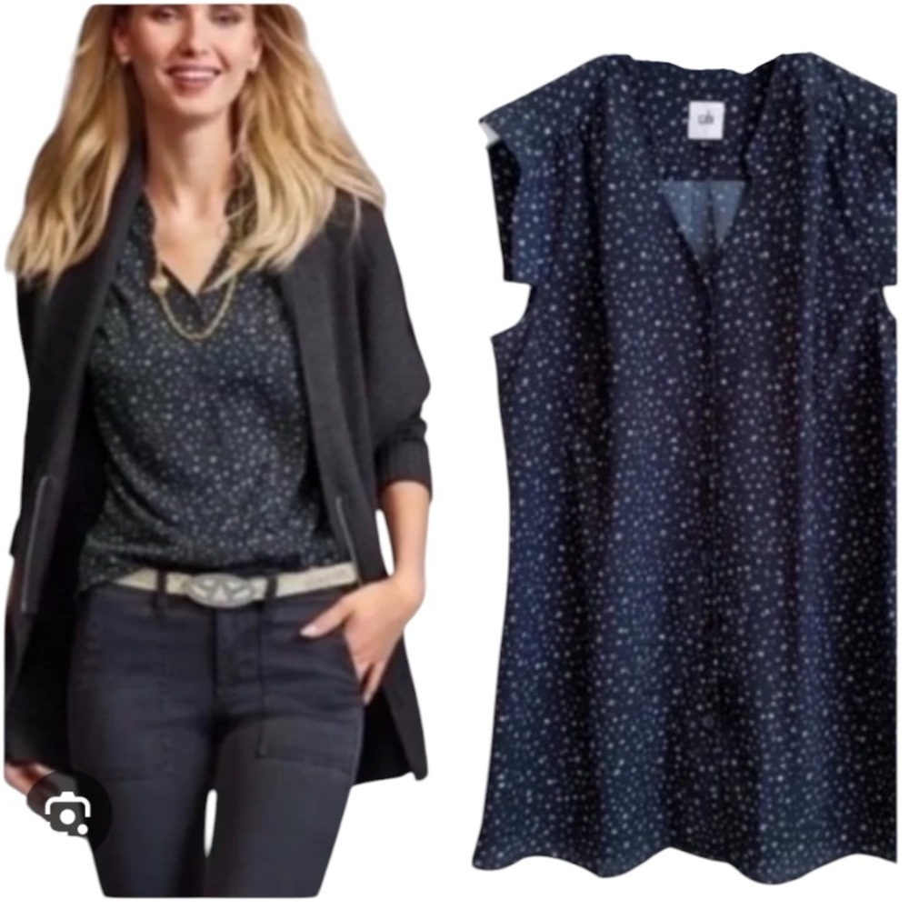 CAbi Black/Navy  Astral Starry Night Button Down Cap Sleeve Momcore Blouse L